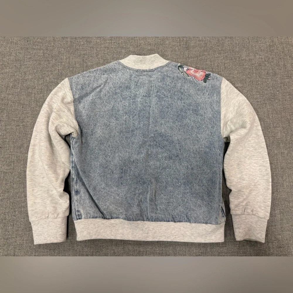 Justice Blue and Gray Bomber Jacket with Floral Design, Embroidery 0079